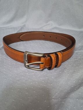 Handmade Italian Cognac Leather Belt with Brushed Silver Buckle Mens 36 Classic